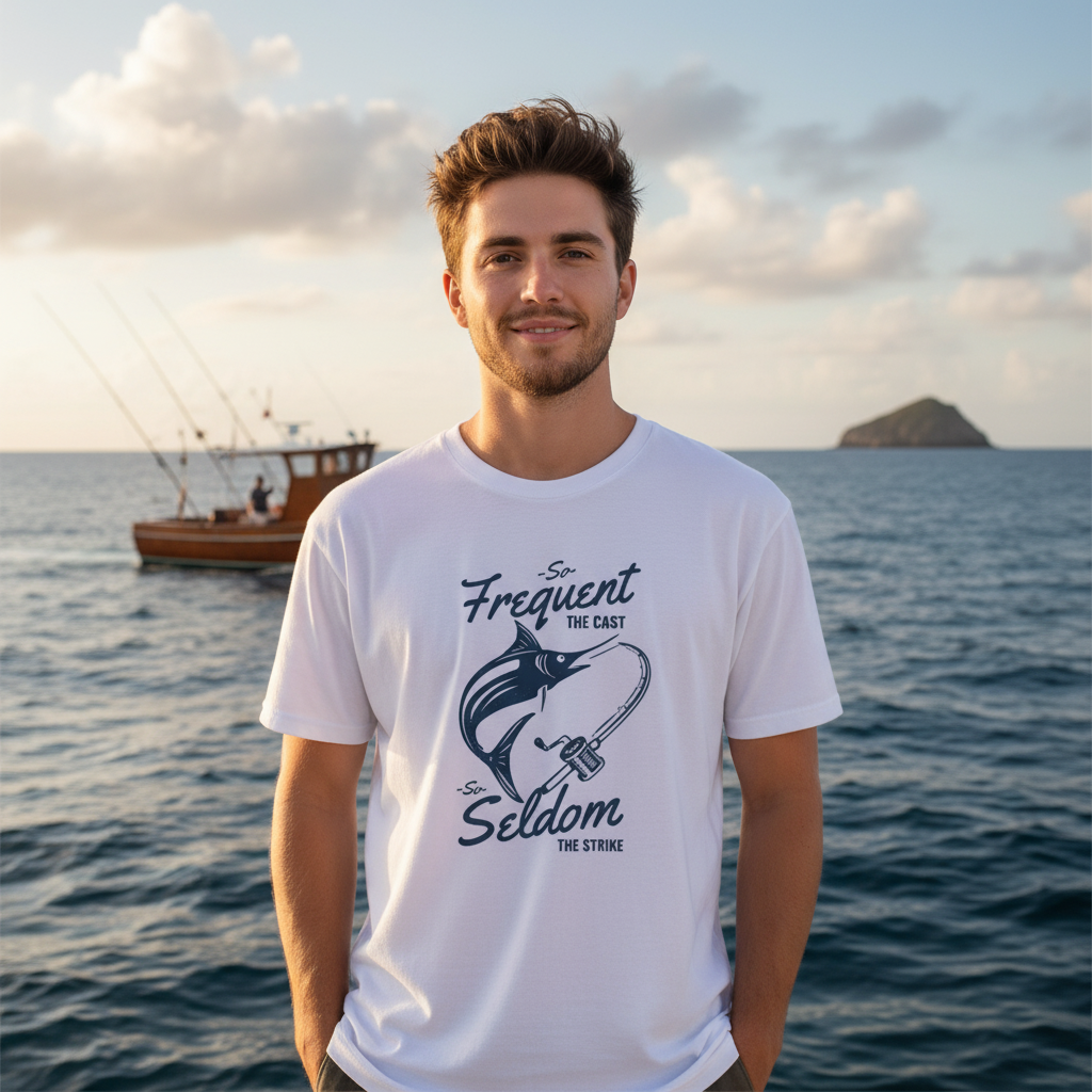 Unisex Fishing T-Shirt With Marlin And Casting Rod Graphic Featuring So Frequent The Cast So Seldom The Strike