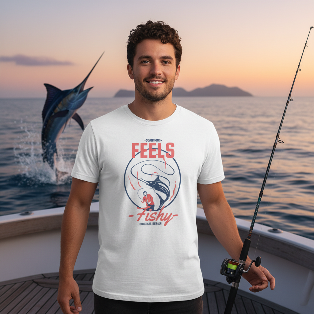 Unisex Fishing T Shirt With Original Graphic Featuring Marlin And Fisherman Feels Fishy