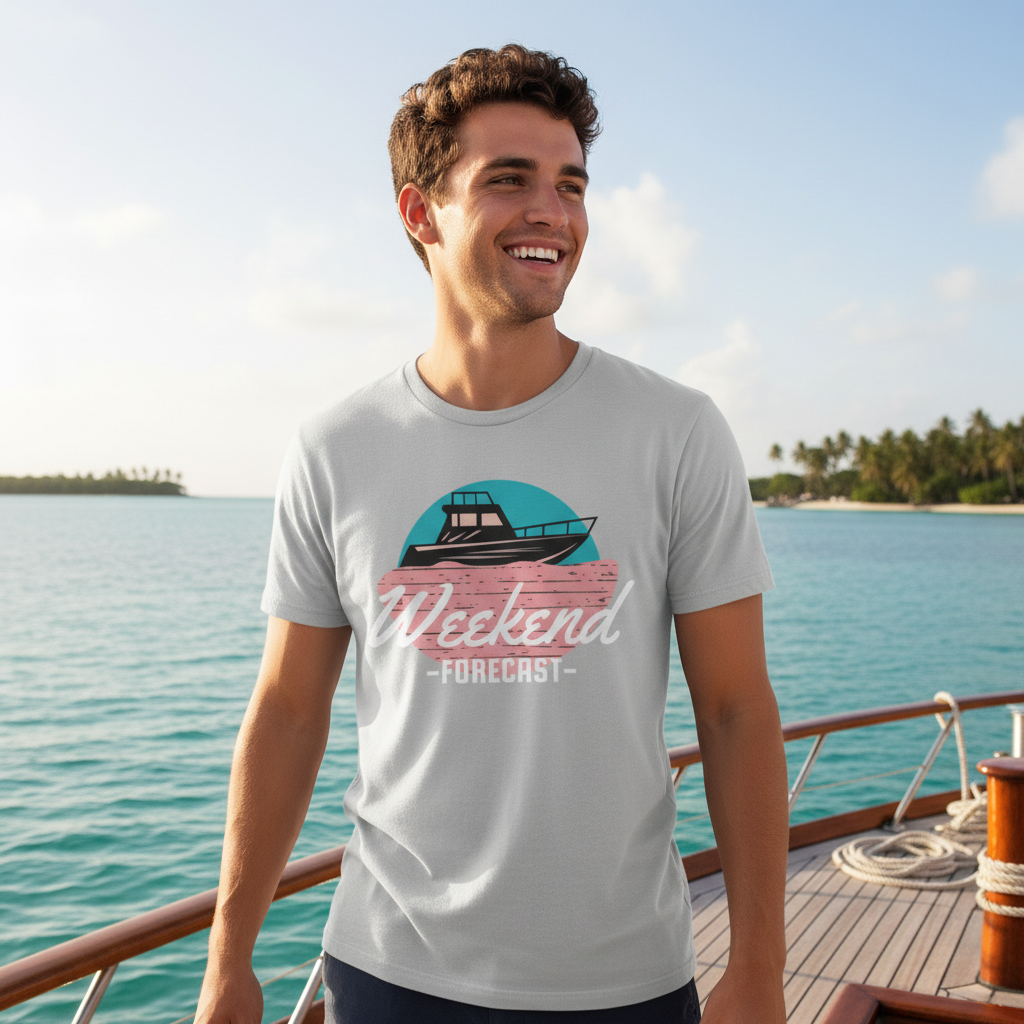 Weekend Forecast Boat Graphic T Shirt For Unisex Casual Wear Featuring Nautical Design