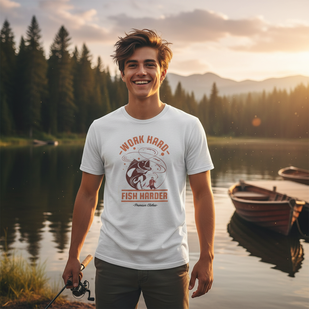 Work Hard Fish Harder Fishing Graphic Tee for Unisex Adults with Bold Orange Artwork