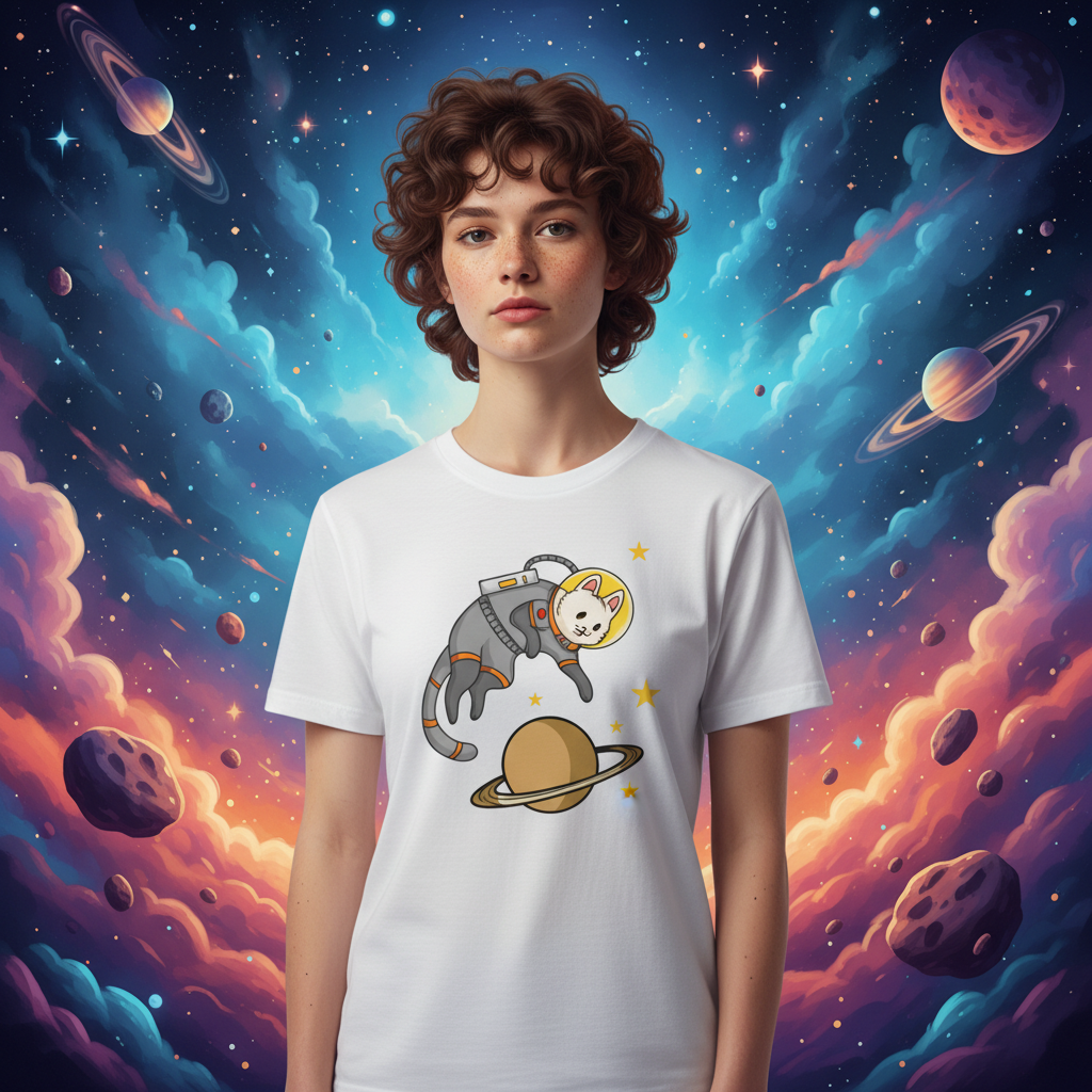 Unisex Space Cat Astronaut Graphic Tee Featuring Saturn Planet And Starry Space Scene