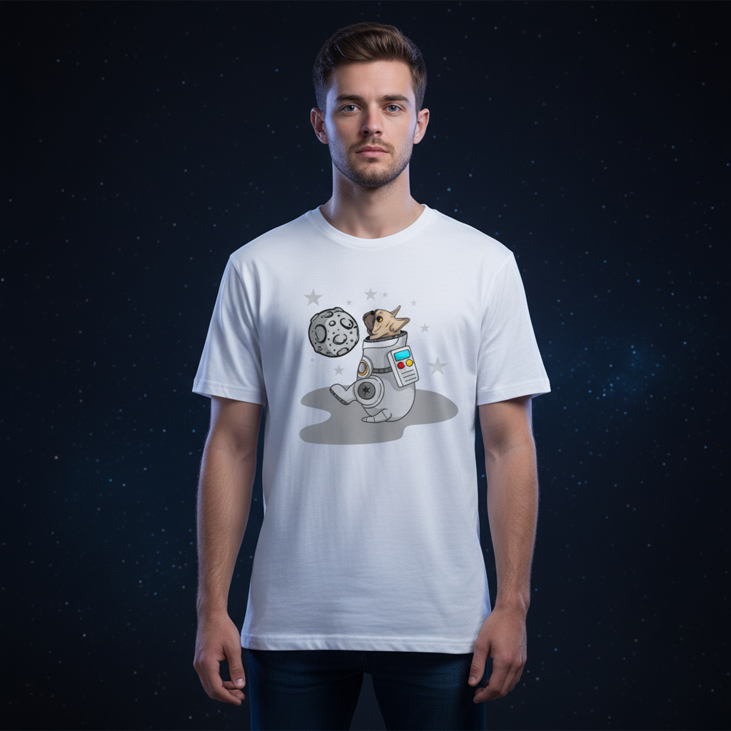Space Dog Astronaut Graphic Tee For Unisex Fit With Moon Stars And Space Theme Artwork
