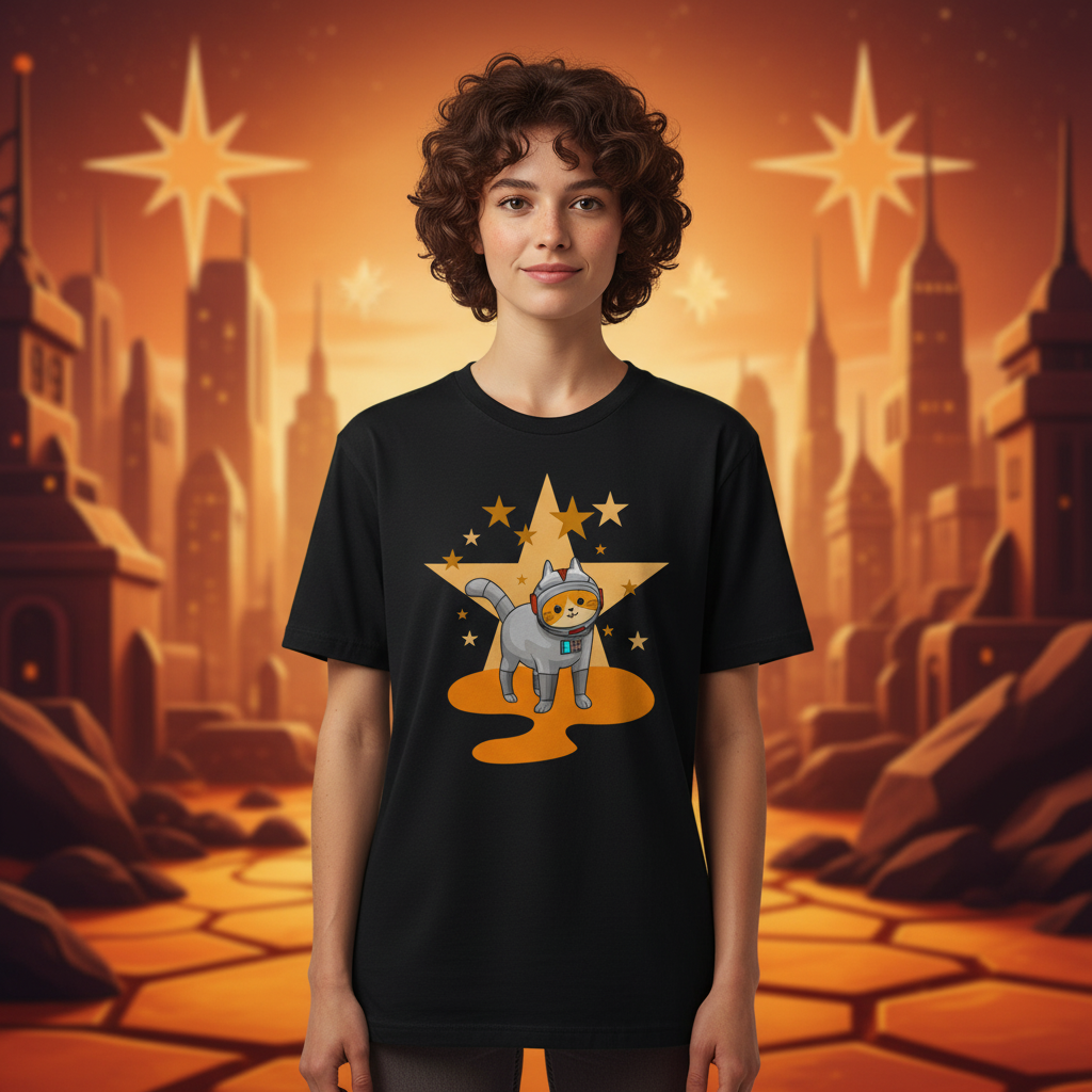 Cosmic Cat Astronaut Graphic Tee With Starry Background For Unisex Adults And Teens