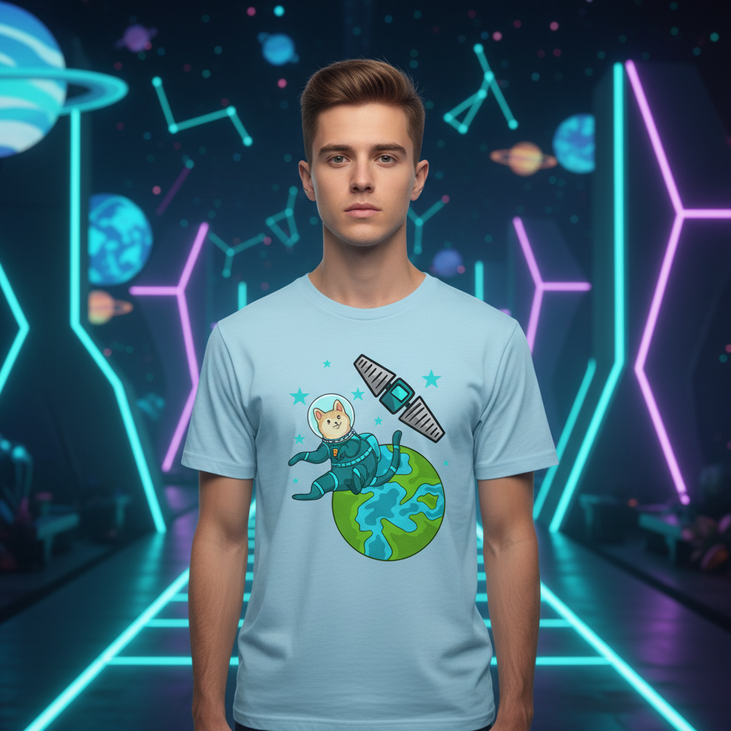 Space Animals Cat Astronaut Floating Over Earth Graphic On Unisex T Shirt For Space Lovers