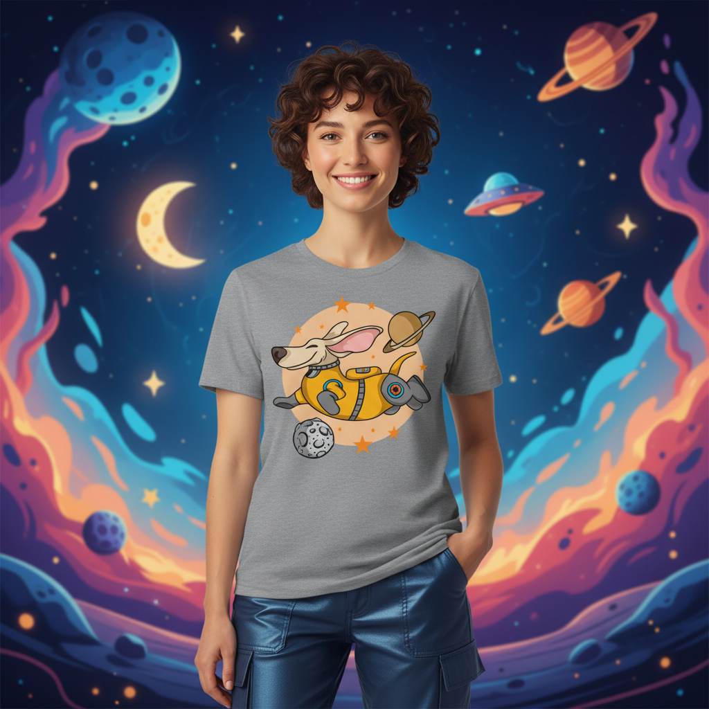 Space Dog Astronaut Cartoon Unisex Tee With Planets And Stars Graphic Shirt For Adults