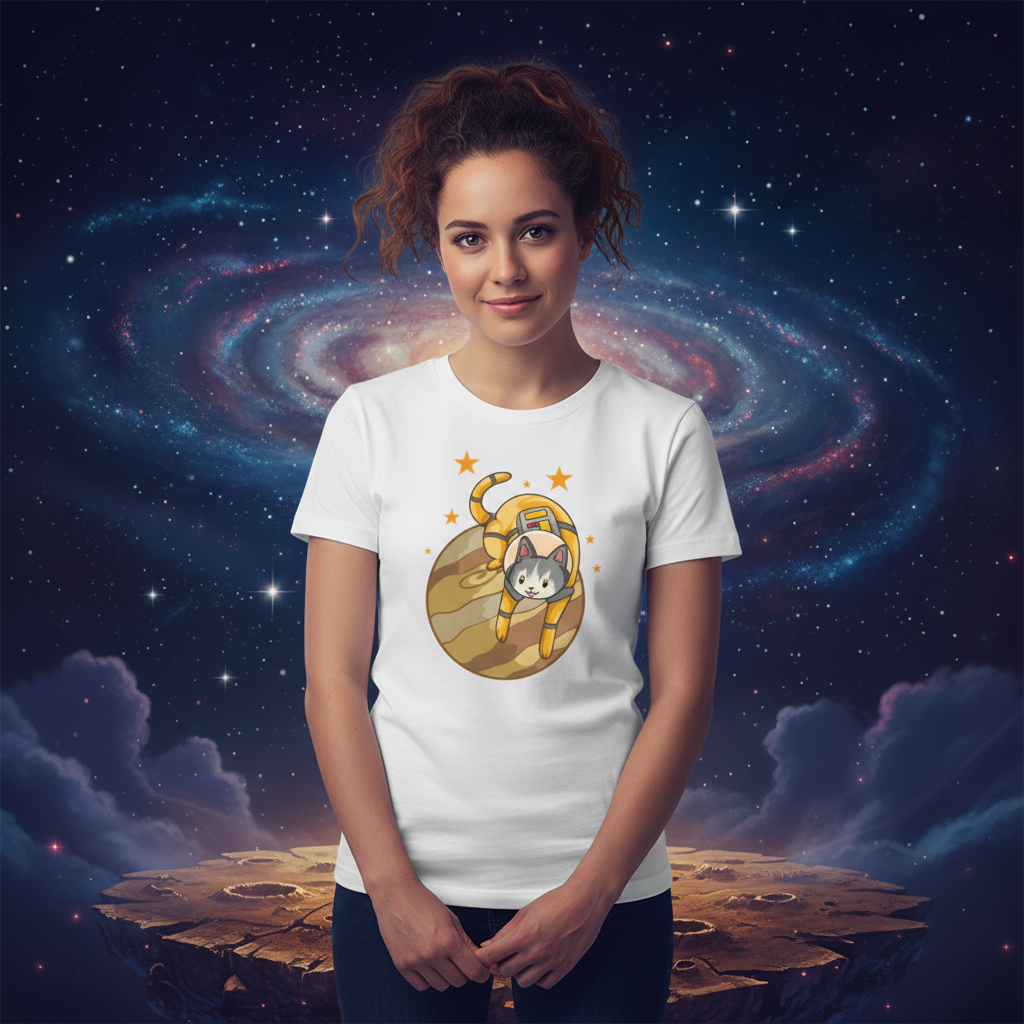 Space Cat Astronaut Illustration On Planet Unisex T Shirt With Adventure Theme Playful Design