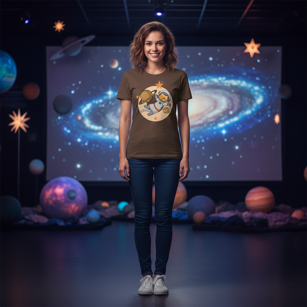 Space Cat Astronaut Floating Among Planets And Stars On Colorful Graphic Tee For Kids And Adults