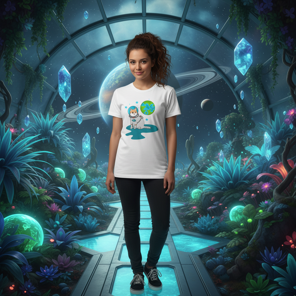 Space Animals Astronaut Cat On Earth Graphic Tee For Unisex Adults And Kids Cosmic Design