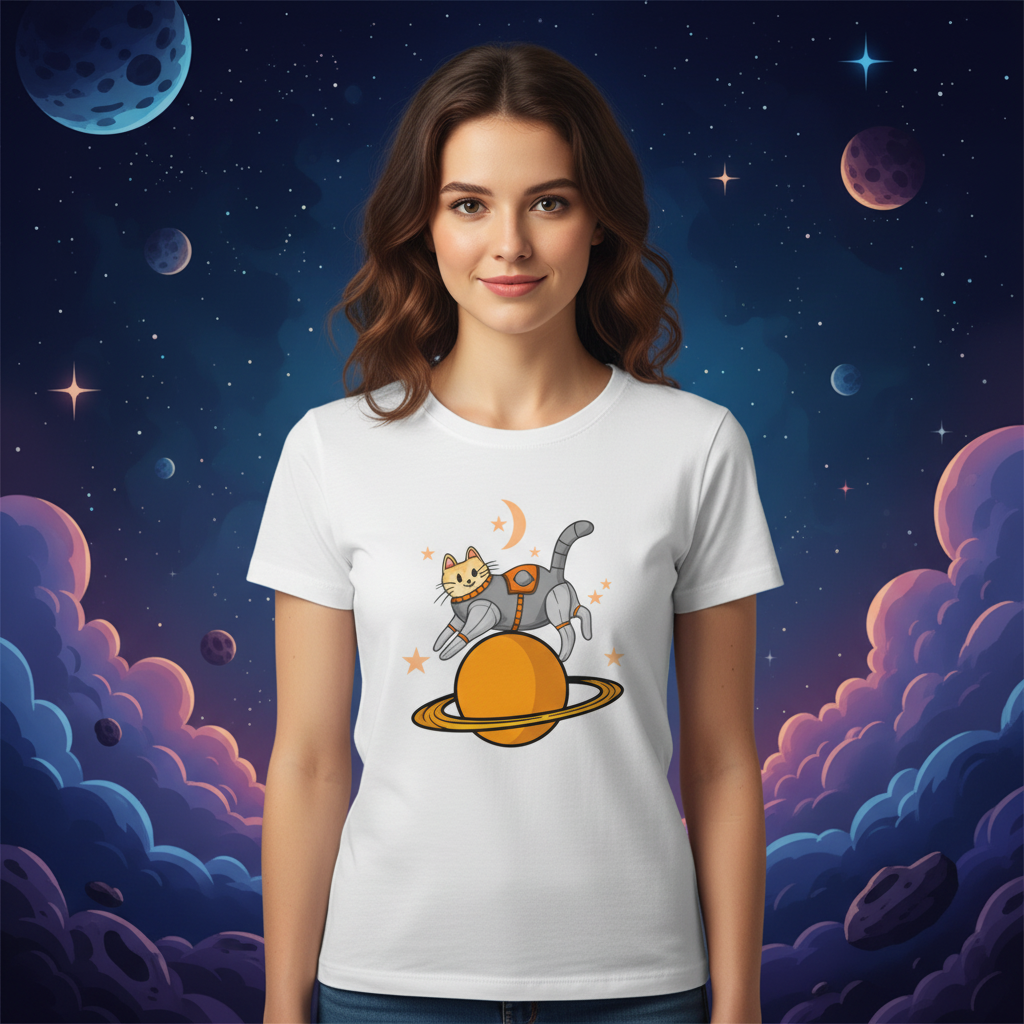 Unisex Space Cat Astronaut Graphic T Shirt With Planet Ring And Stars Design For Space Lovers