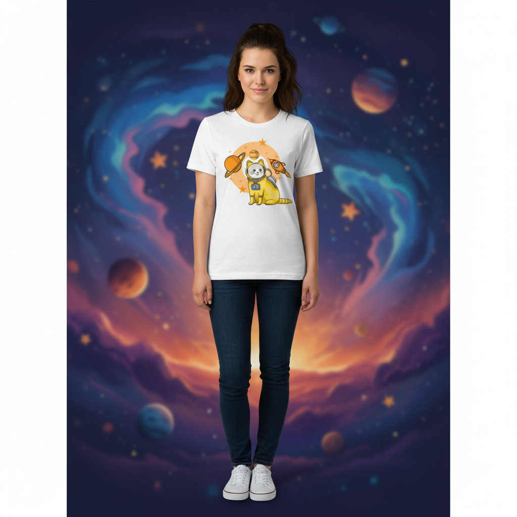 Space Cat Astronaut Graphic Tee With Rocket And Planets For Kids And Adults Worldwide