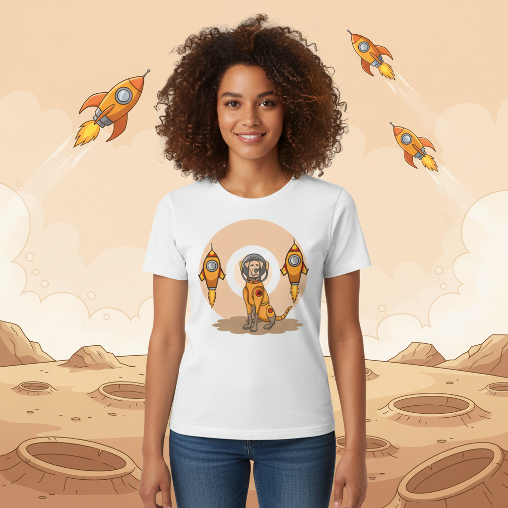 Space Explorer Dog T Shirt With Orange Lunar Rockets Design For Unisex Adults Enthusiasts