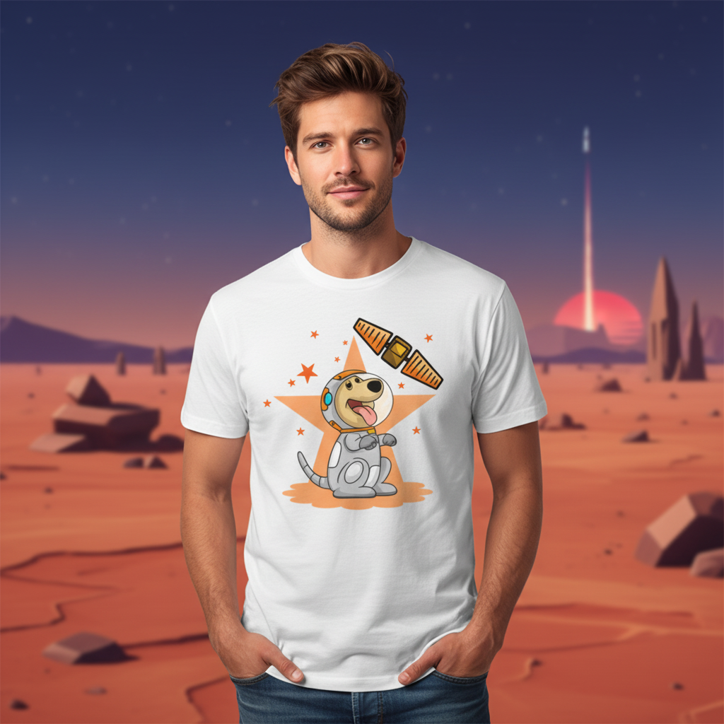 Space Dog Cartoon Graphic Tee With Orange Star Background And Satellite Illustration Design