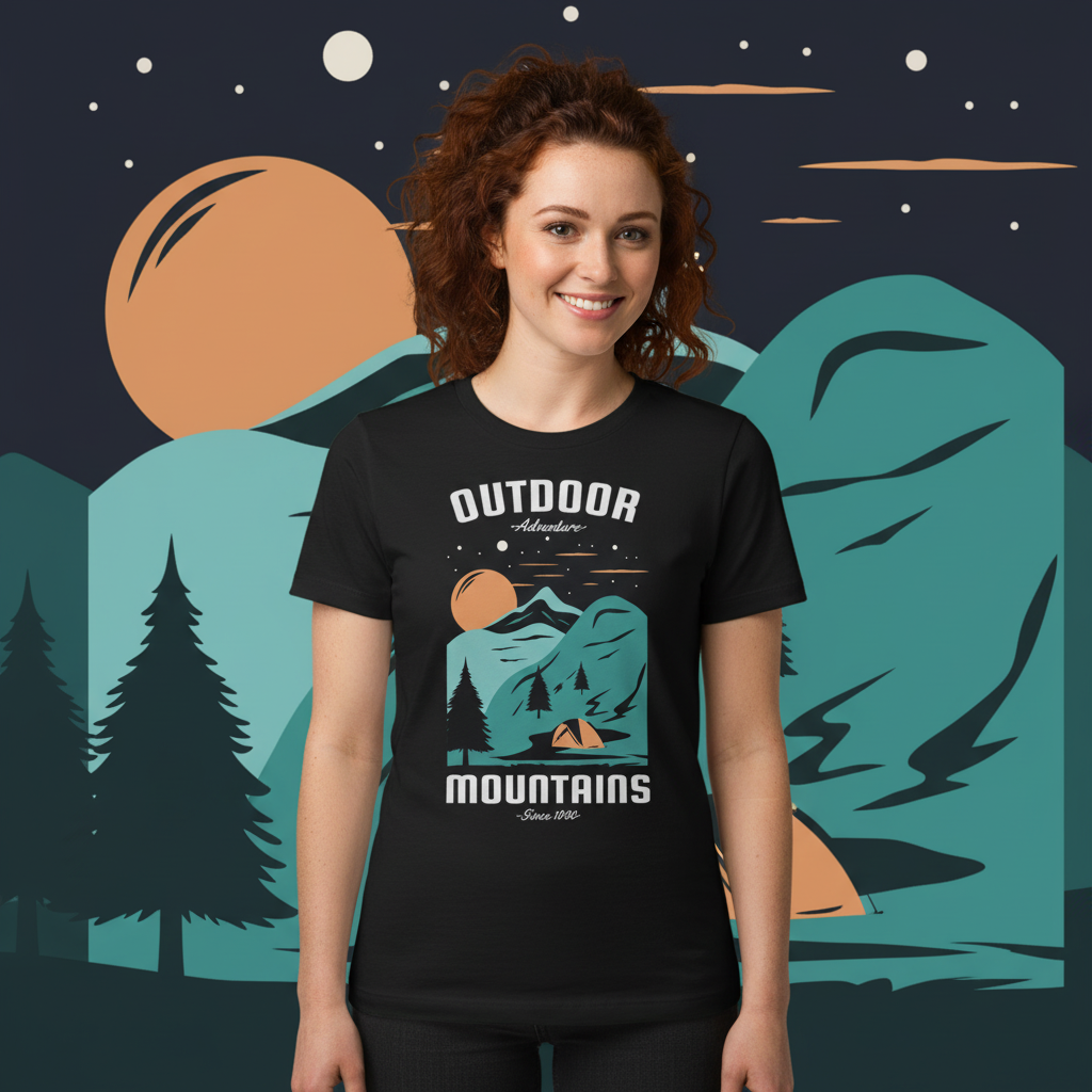 Unisex Outdoor Mountains Graphic Tee With Sunset Forest Scene And Tent For Adventure