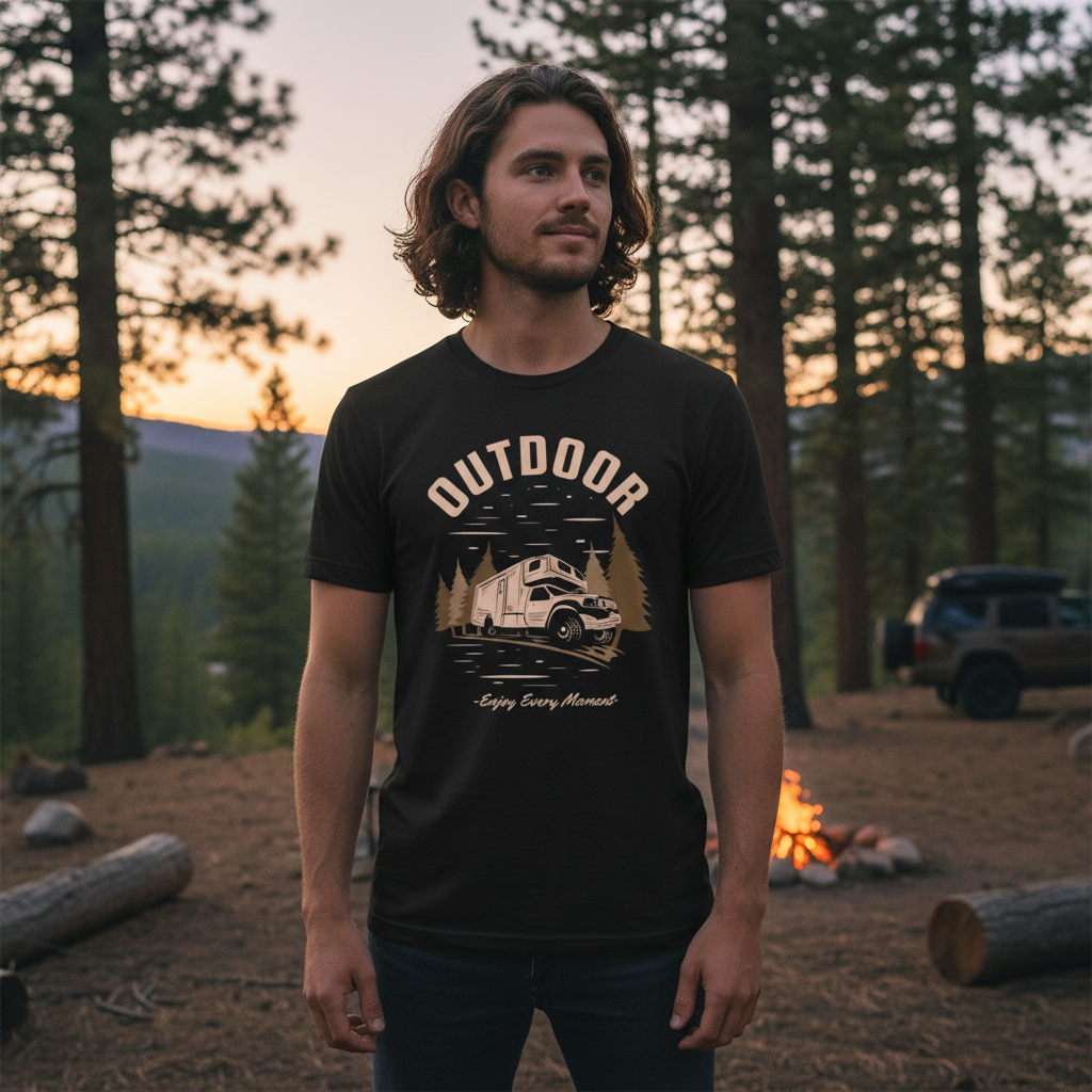 Outdoor Adventure Camper Van Graphic T Shirt For Men And Women With Forest Scene