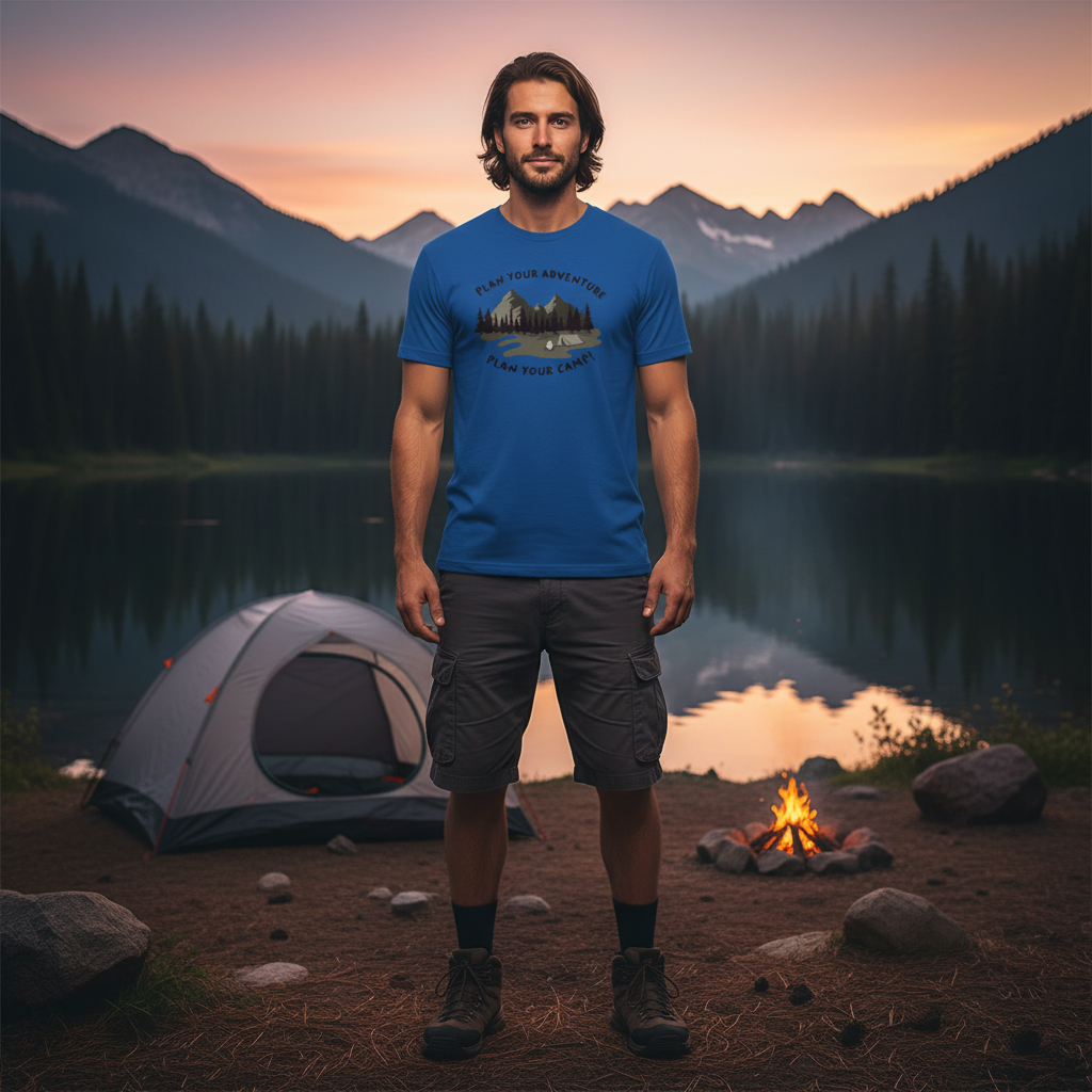 Unisex Outdoor Adventure Camp Graphic T Shirt With Mountain Forest Campfire Illustration