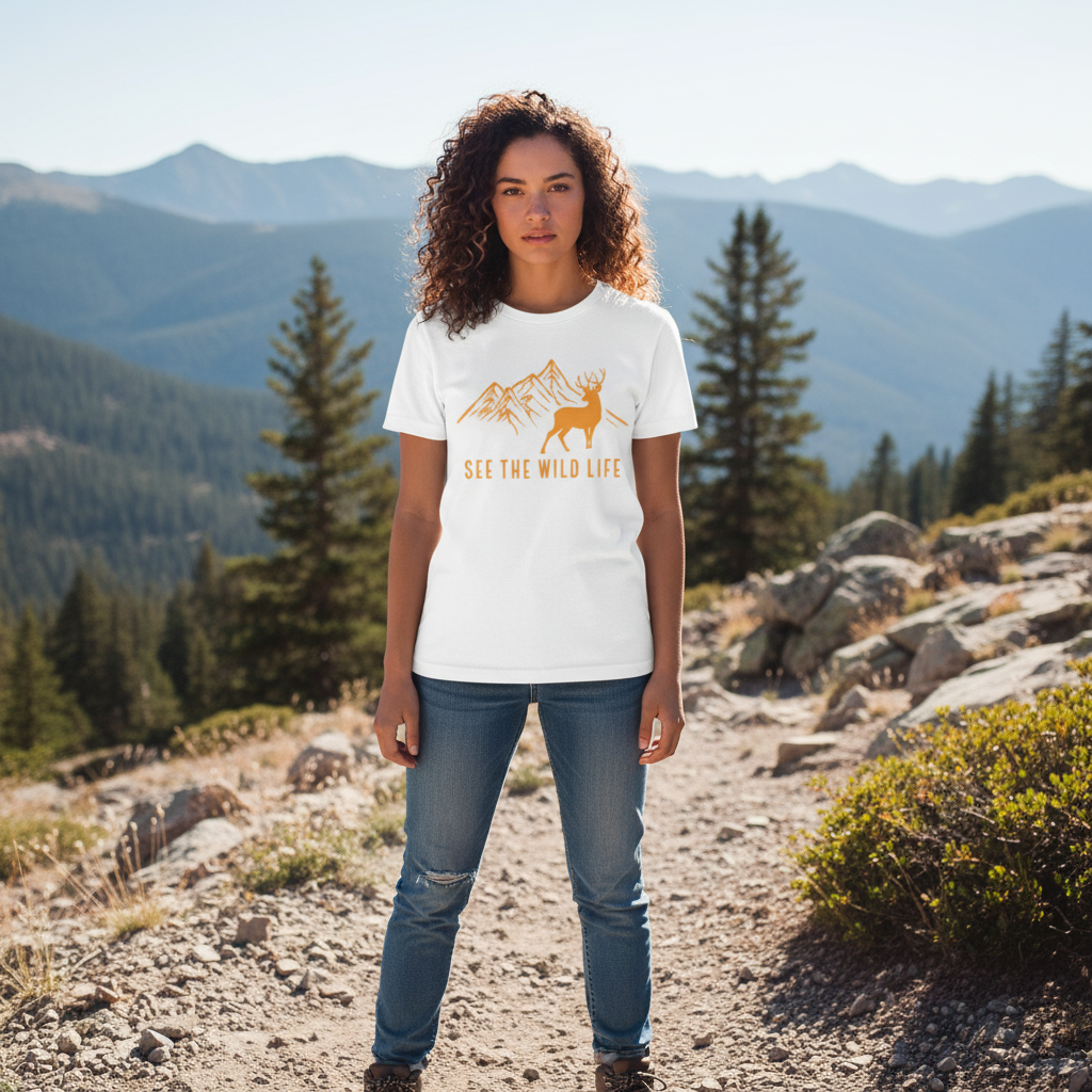 See The Wild Life Mountain Deer Graphic Unisex Outdoor T Shirt With Nature Adventure Theme And Comfortable Fit