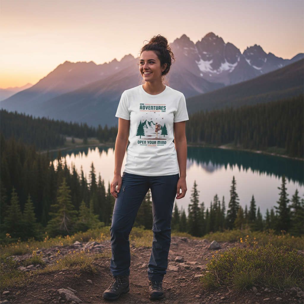 Unisex Outdoor Adventures T Shirt With Mountain Range And Forest Silhouette Artwork Open Your Mind Theme