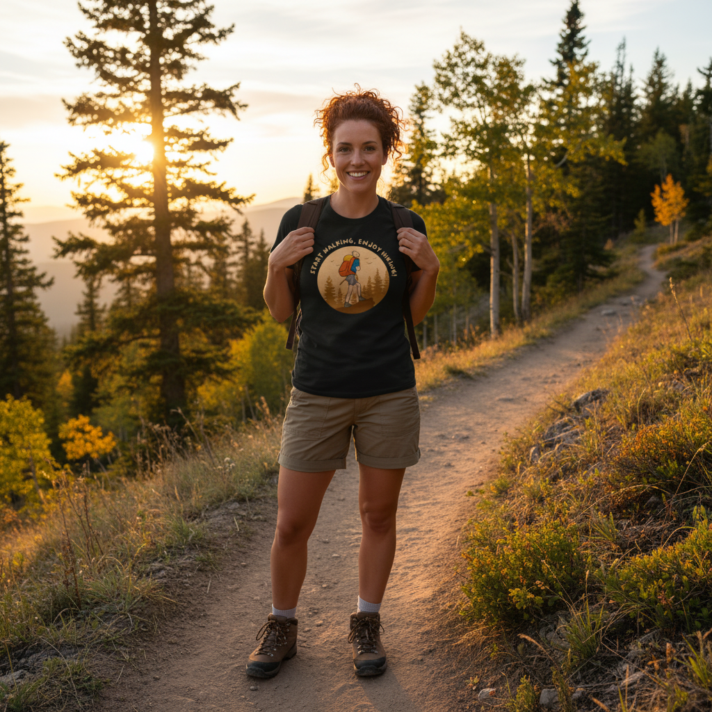 Unisex Outdoor Hiking T Shirt With Hiker Illustration In Circular Forest Scene For Adventurers