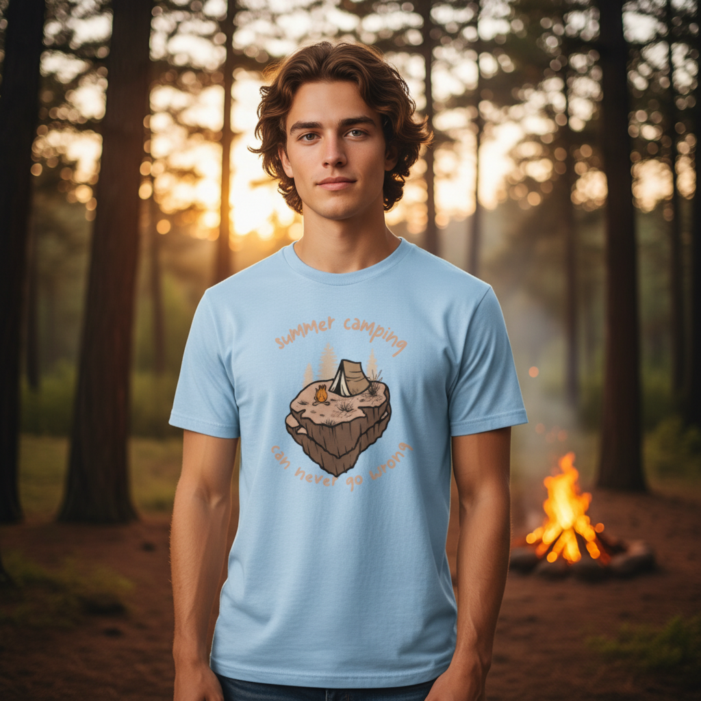 Summer Camping Graphic Unisex T Shirt For Outdoors Enthusiasts Featuring Tent Campfire And Island Scene