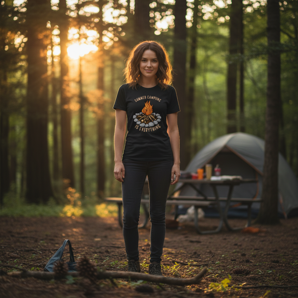 Unisex Outdoor Camping T Shirt With Campfire Illustration Graphic Tee For Outdoor Enthusiasts