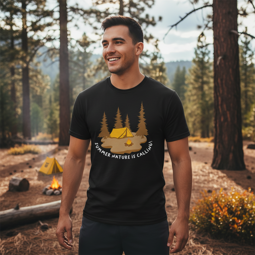 Camping Scene Graphic Tee With Tent And Campfire Among Pines For Unisex Outdoor Adventure