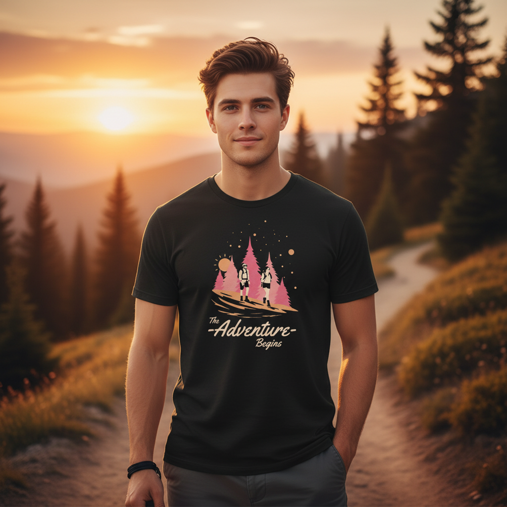 Unisex Outdoors Graphic Tee With The Adventure Begins Forest Scene And Hikers Design