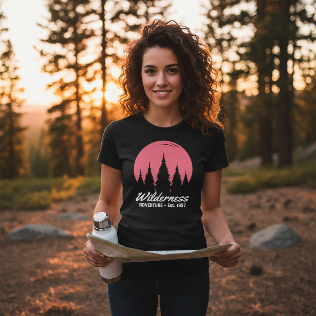 Wilderness Adventure Graphic Tee With Pink Sunset Pine Tree Silhouettes For Outdoors Unisex