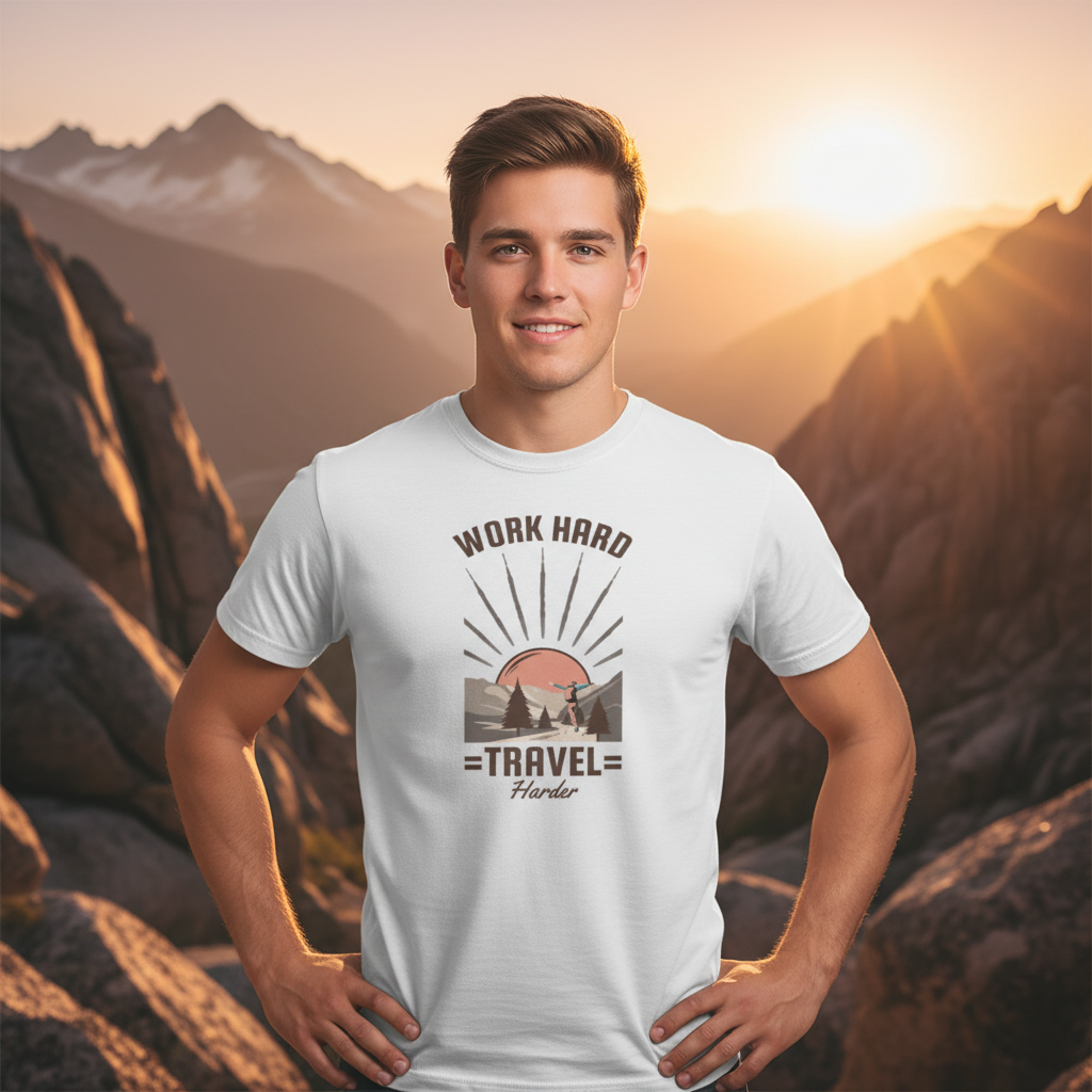 Work Hard Travel Harder Outdoor Adventure Graphic T Shirt With Sunrise Mountain Trail Design For Unisex