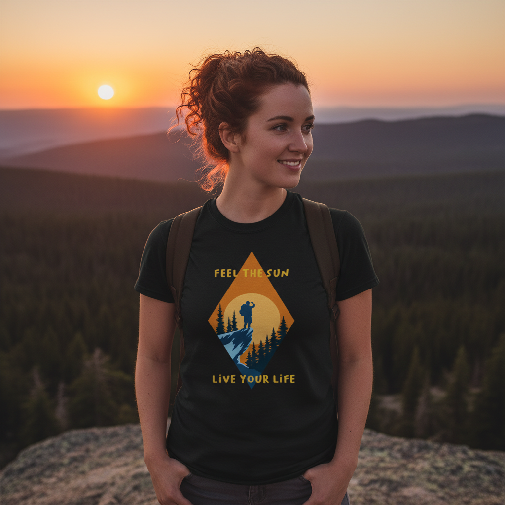 Unisex Outdoor Adventure T Shirt With Sunset Hiker Graphic And Forest Landscape For Outdoor Enthusiasts