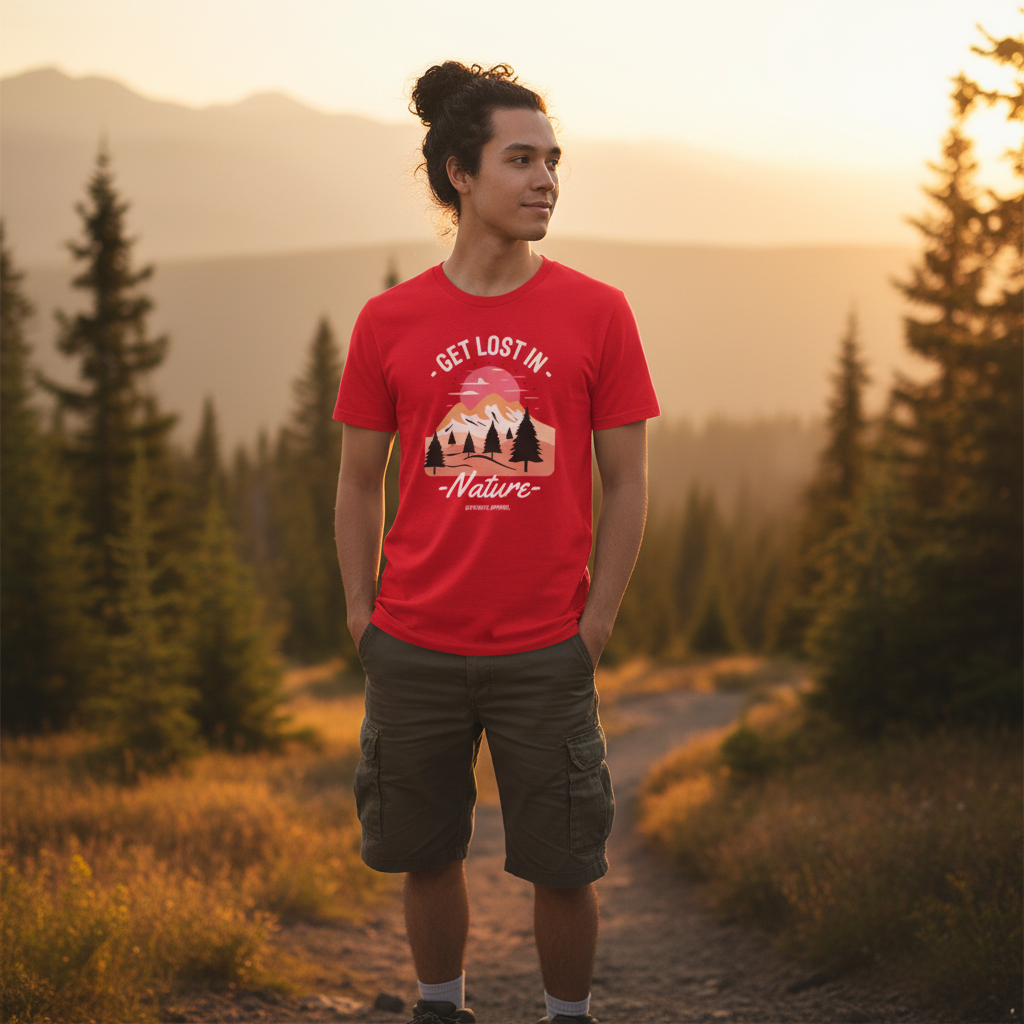 Get Lost In Nature Graphic T Shirt Featuring Sunset Mountain Range And Pine Trees