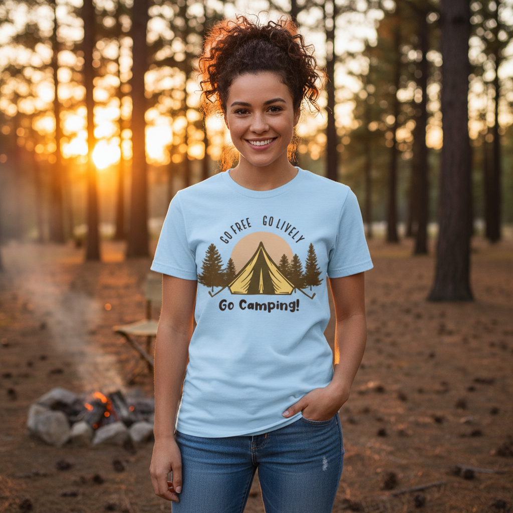 Go Camping Graphic Tee For Outdoors Enthusiasts Unisex Short Sleeve Shirt With Tent And Trees