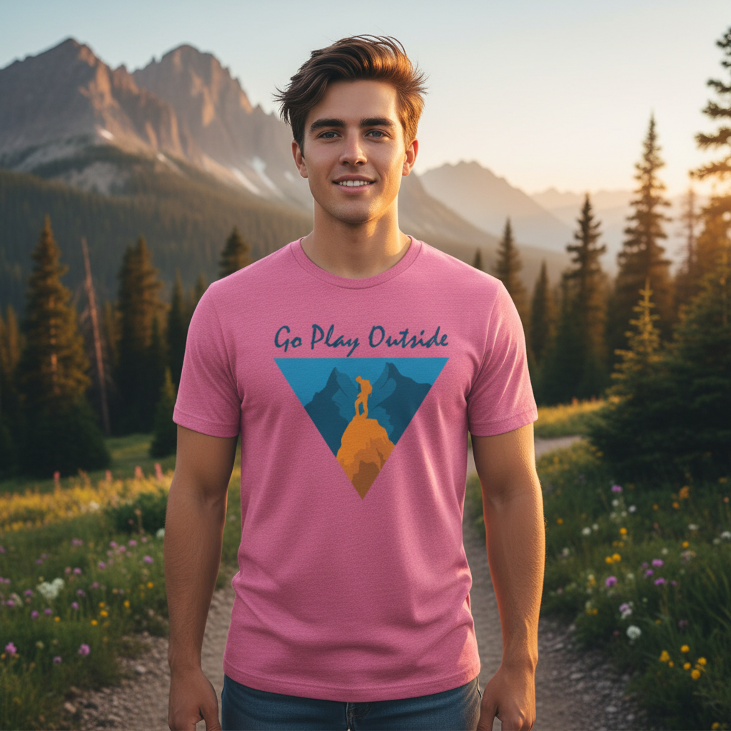 Go Play Outside Graphic T Shirt With Mountain Summit Silhouette Inside a Geometric Triangle Banner