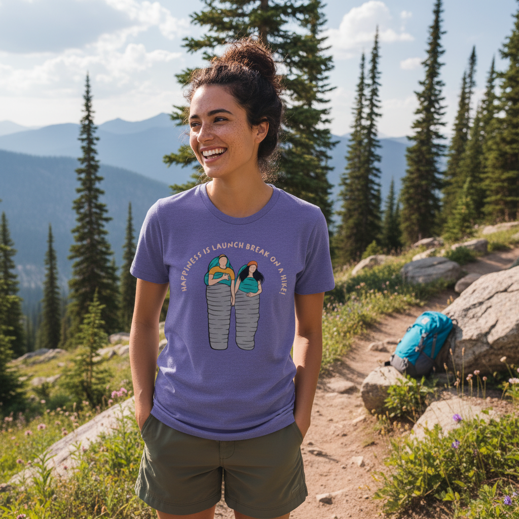 Unisex Outdoor Adventure T Shirt With Two Hikers In Sleeping Bags Illustration Graphic
