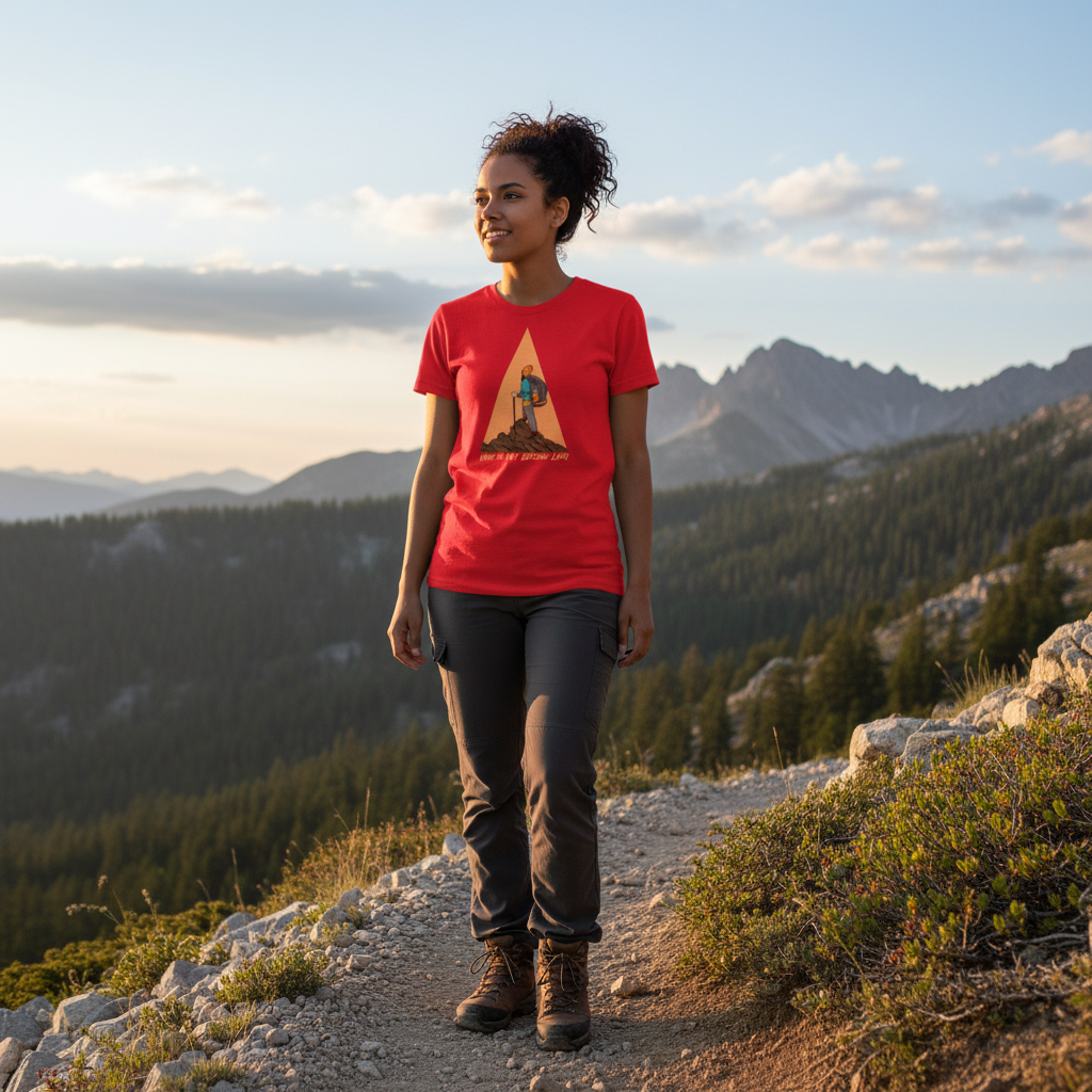 Unisex Hiking Graphic Tee With Trekking Figure And Triangular Mountain Design Print