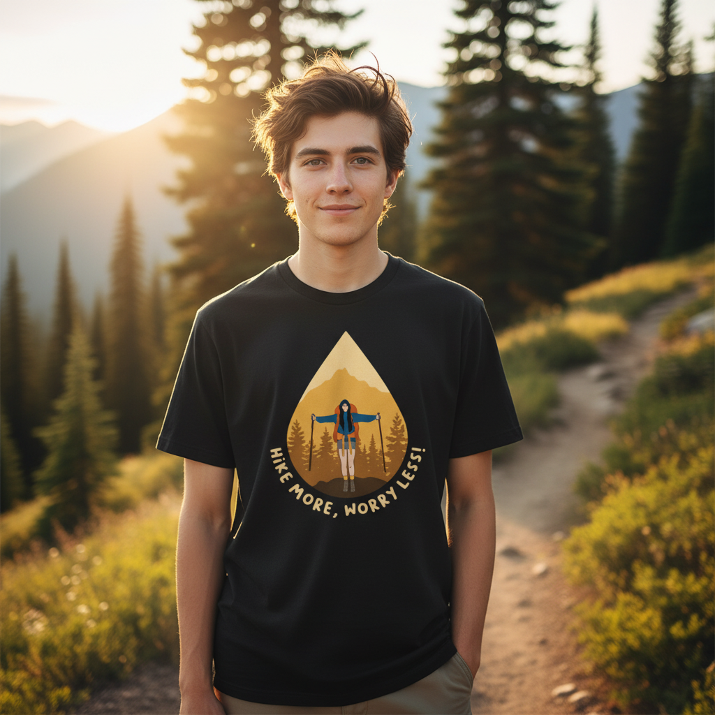 Unisex Hiking Graphic T Shirt With Mountain Landscape Artwork And Hike More Worry Less Quote