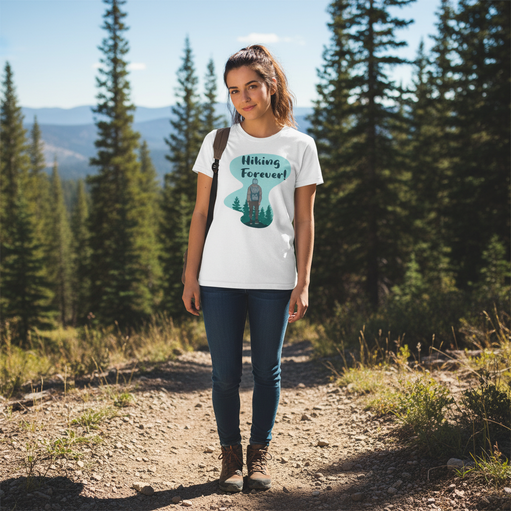 Unisex Hiking Forever Graphic T Shirt With Backpacker And Forest Scene Artwork For Outdoor Enthusiasts