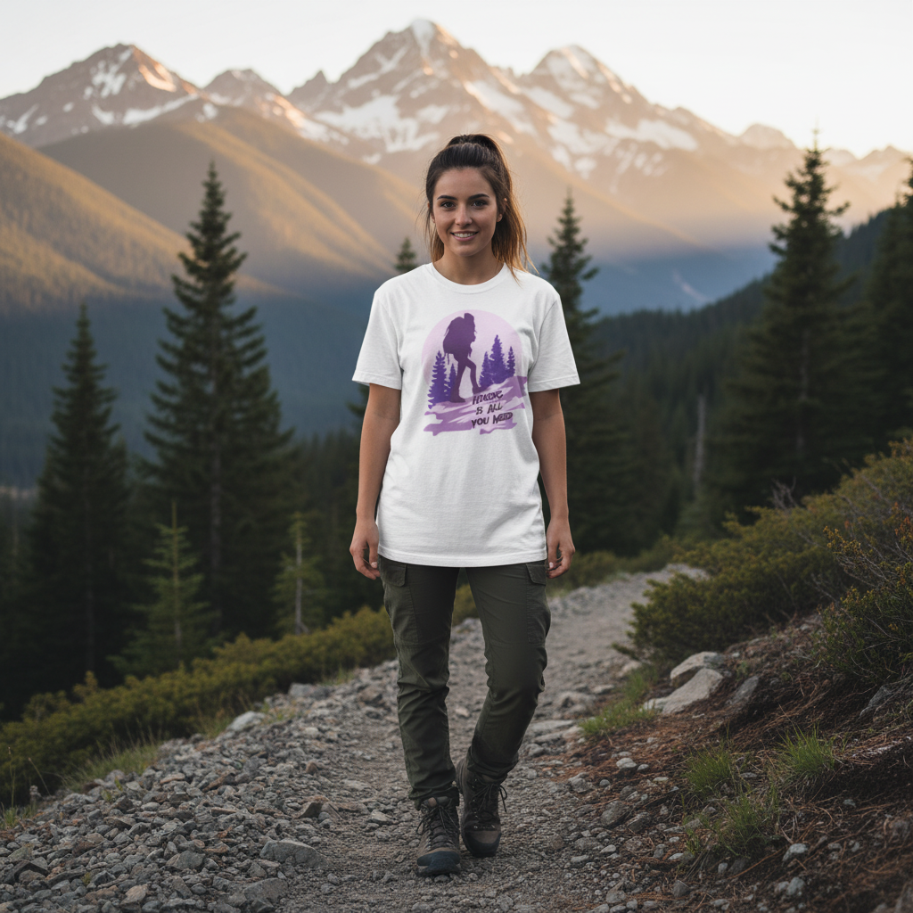 Unisex Hiking Graphic T Shirt With Silhouette Backpacker And Forest Design In Sunset Purple