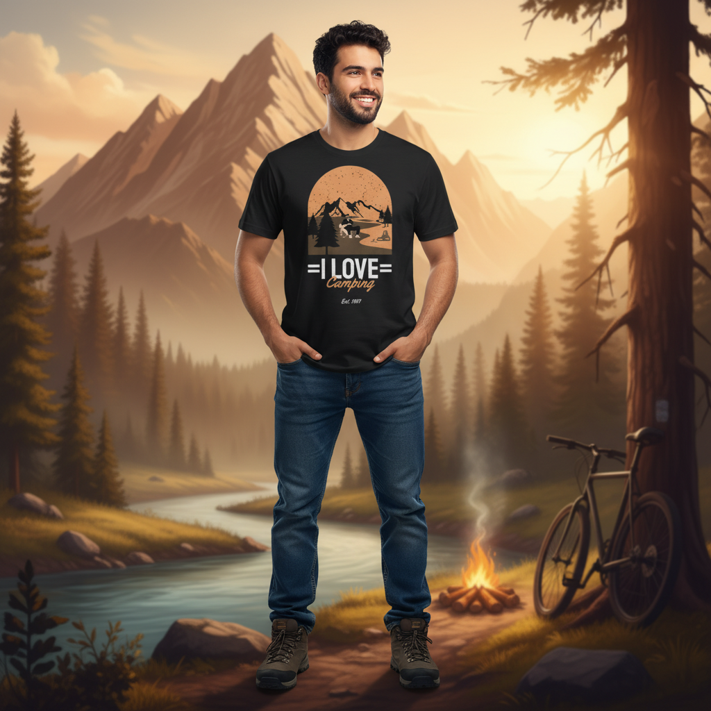 I Love Camping Graphic Unisex Tee With Mountain Range Forest And Sunset Arc For Hikers And Campers