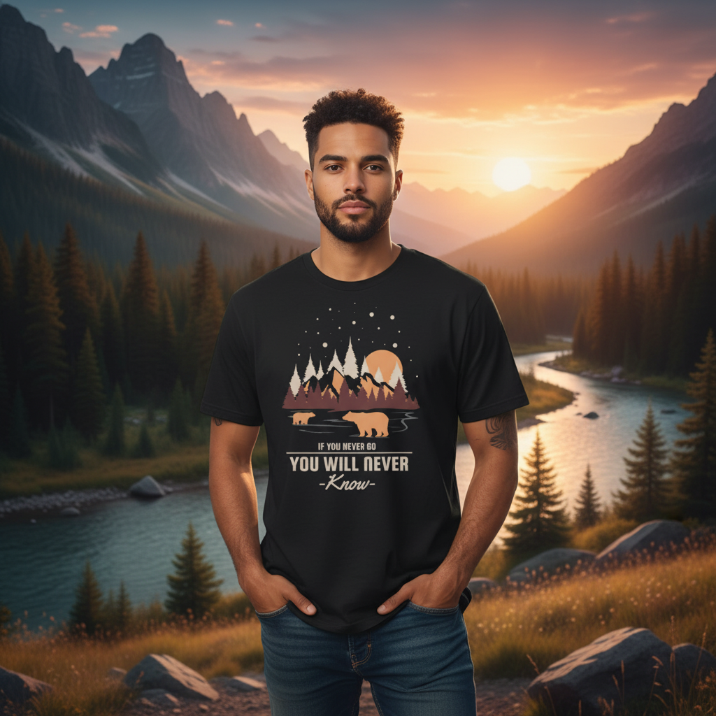 Unisex Outdoor Scene Graphic T Shirt With Forest Mountains River And Bears