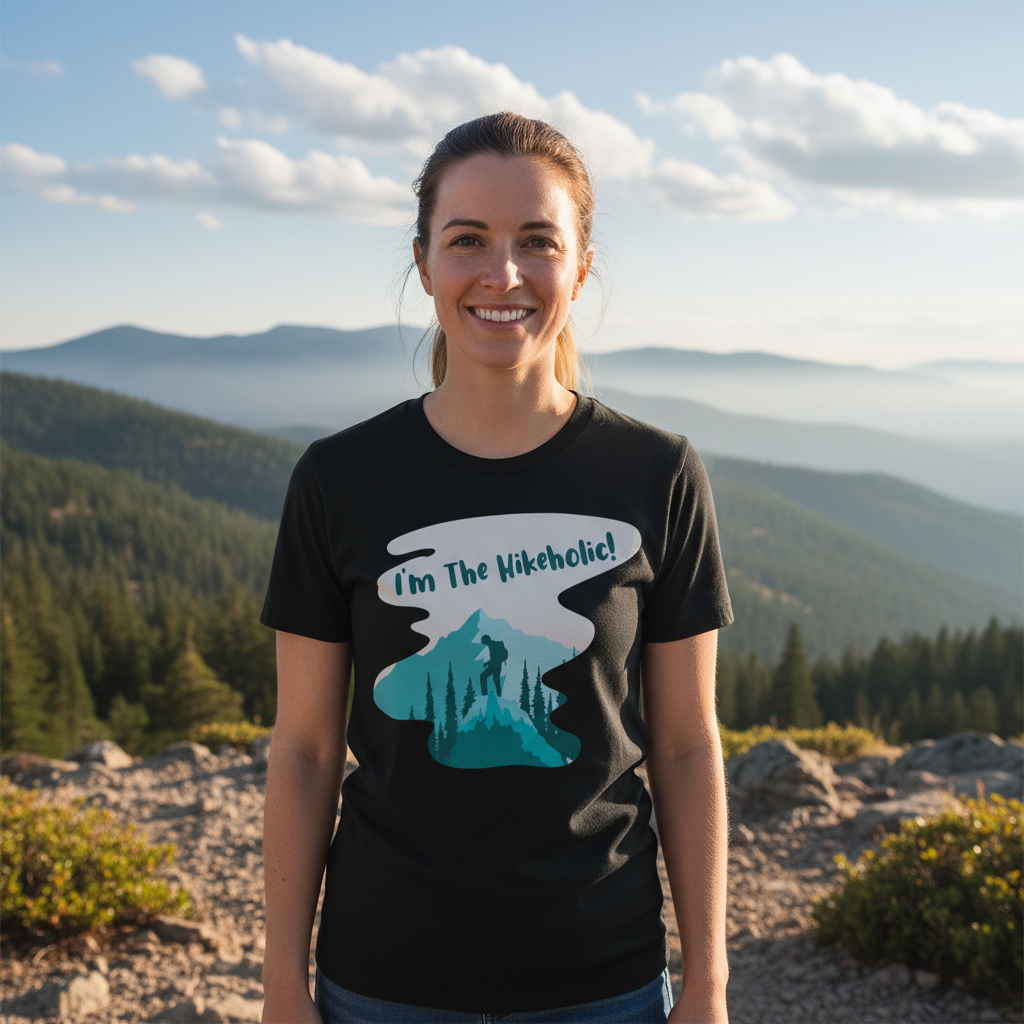 Unisex Hiking Themed T Shirt With Mountain Landscape Graphic And Hiker Silhouette Design