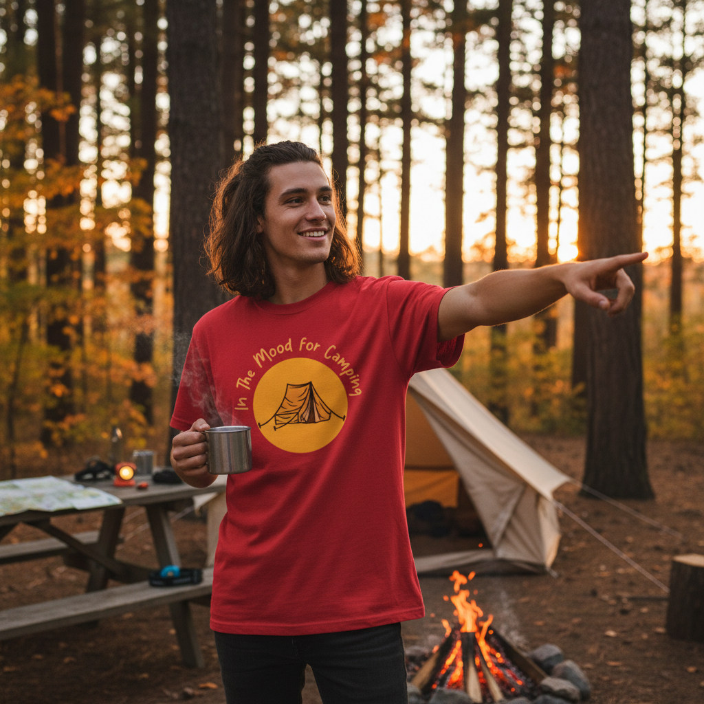 In The Mood For Camping Unisex Graphic T Shirt With Tent And Sun Illustration For Outdoors Enthusiasts