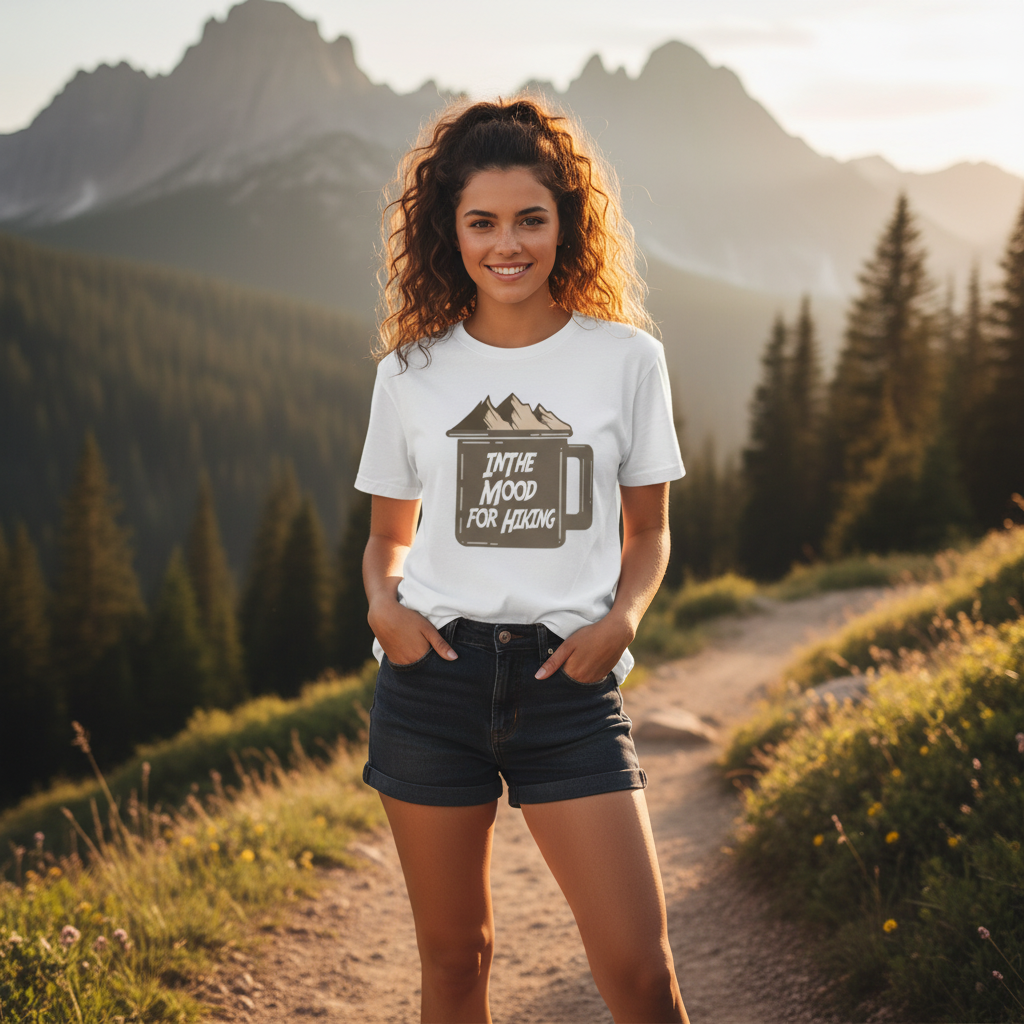 Unisex Outdoor Graphic Tee With Mountain Mug Artwork And In The Mood For Hike Quote