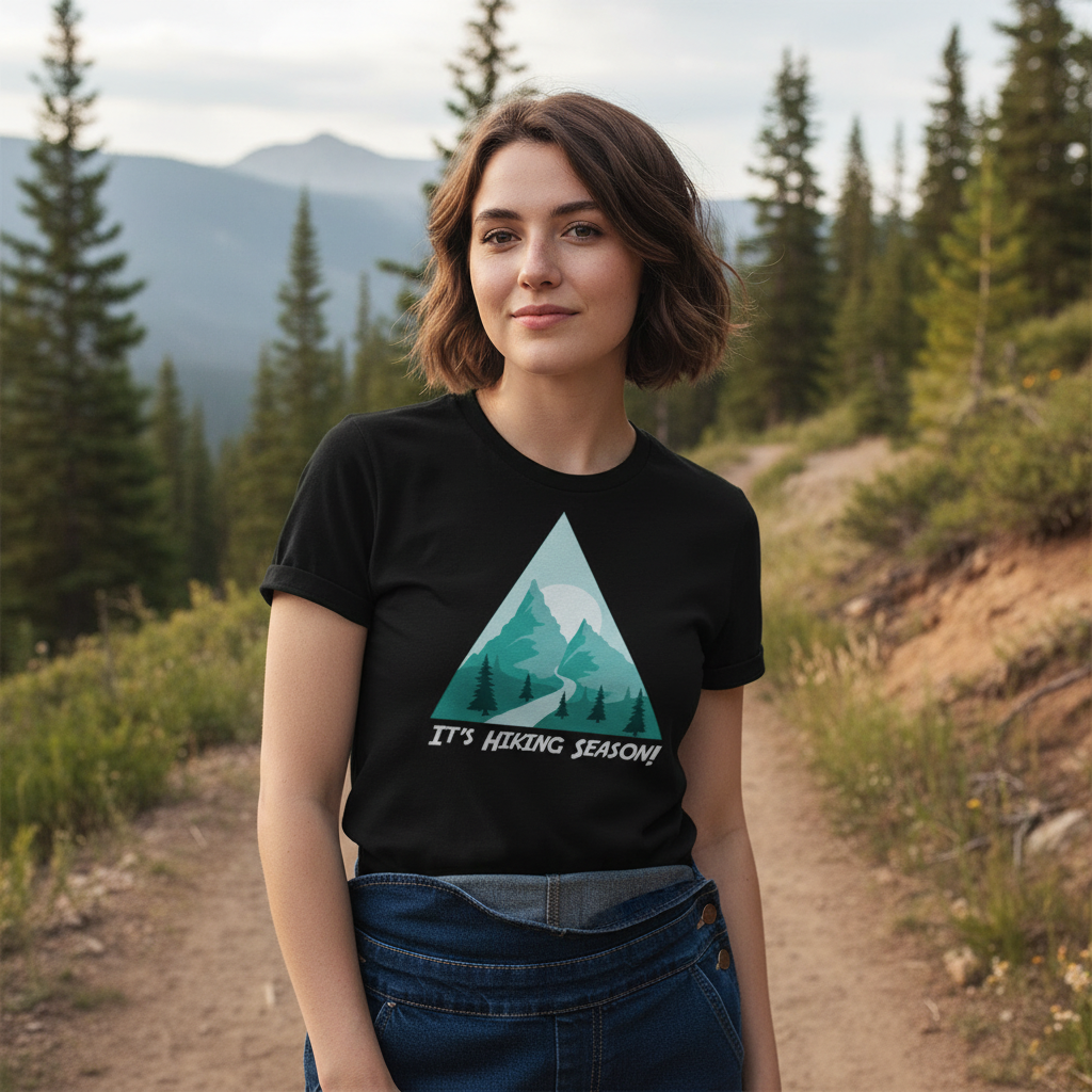 Unisex Hiking Mountain Scene Graphic Tee With Triangular Mountain Design For Outdoor Enthusiasts