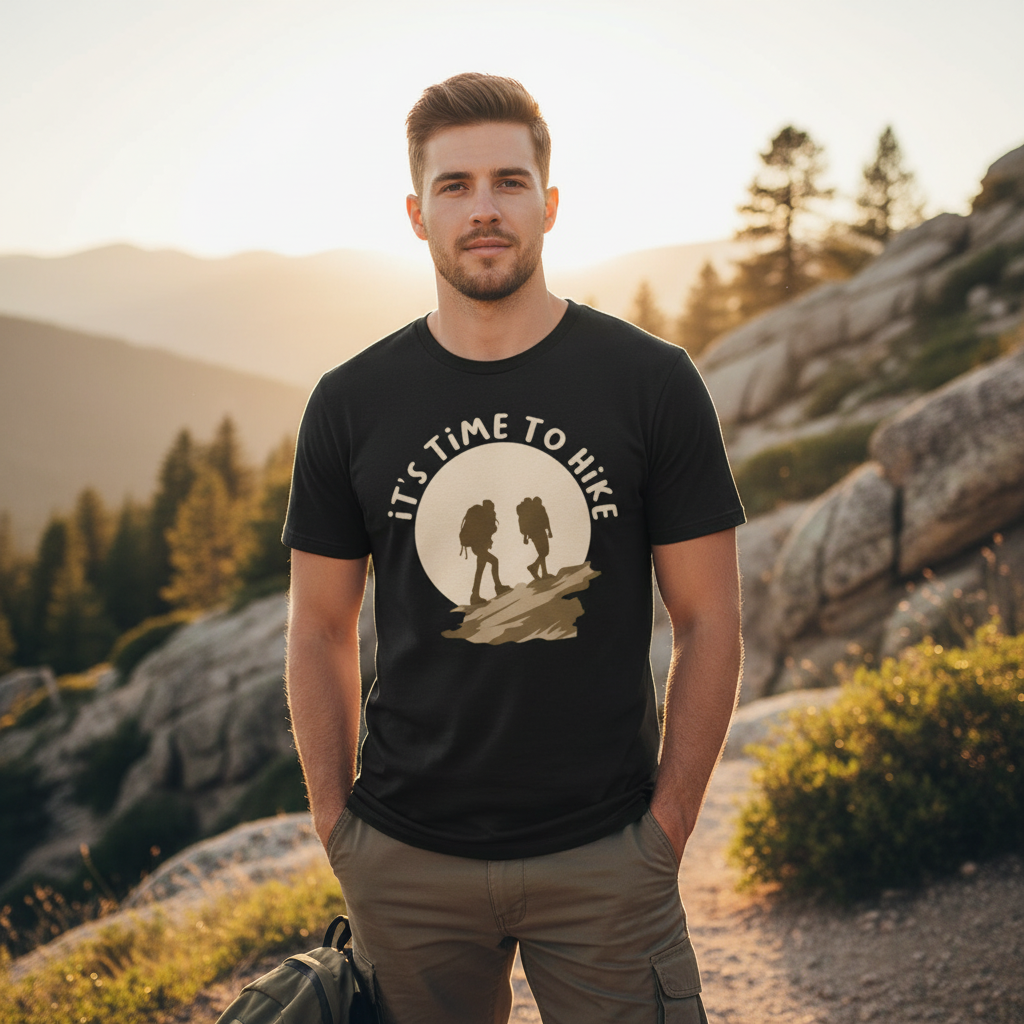 Unisex Outdoor Hiking Graphic T Shirt With Sunset Backdrop And Two Hikers Silhouette