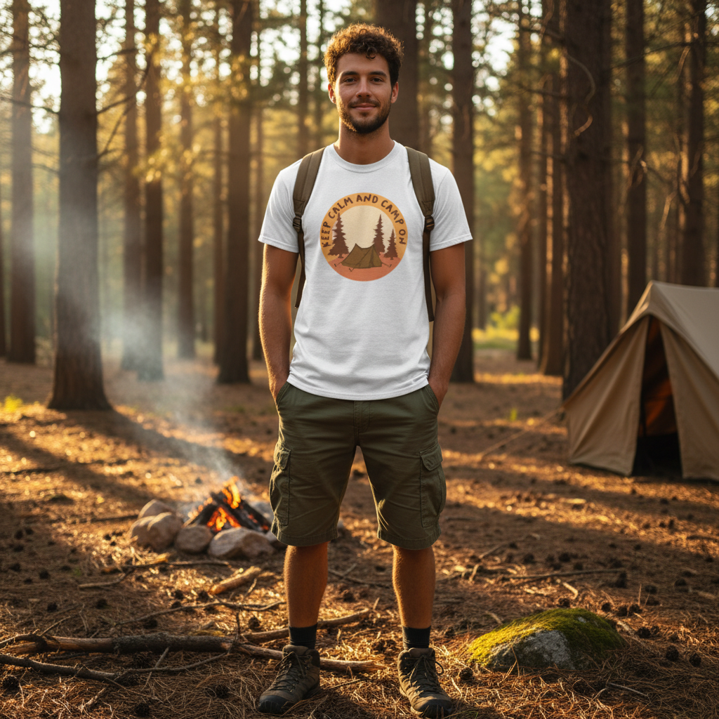 Unisex Outdoor Camping T Shirt With Tent and Pine Forest Circular Emblem in Orange