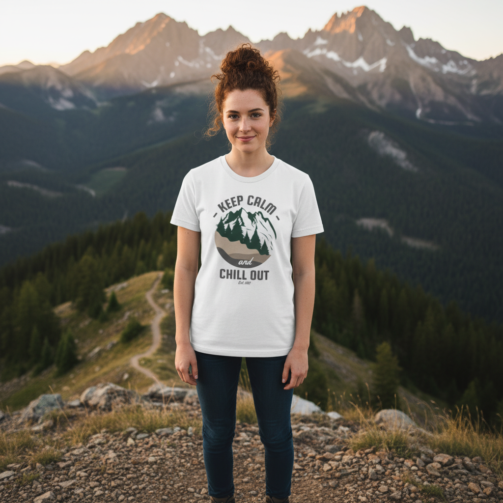 Keep Calm And Chill Out Graphic Tee With Mountain Landscape And Forest Scene Pattern