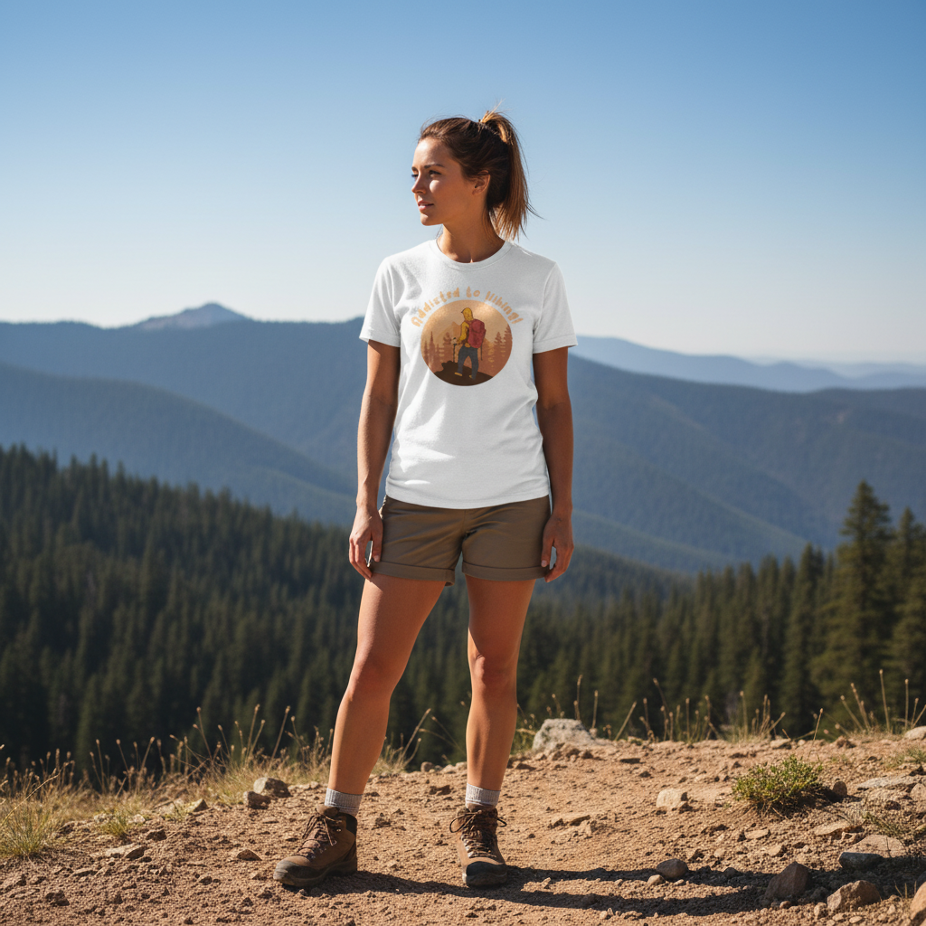Unisex Addicted To Hiking Graphic Tee Featuring Hiker With Backpack In Sunset Circle Design