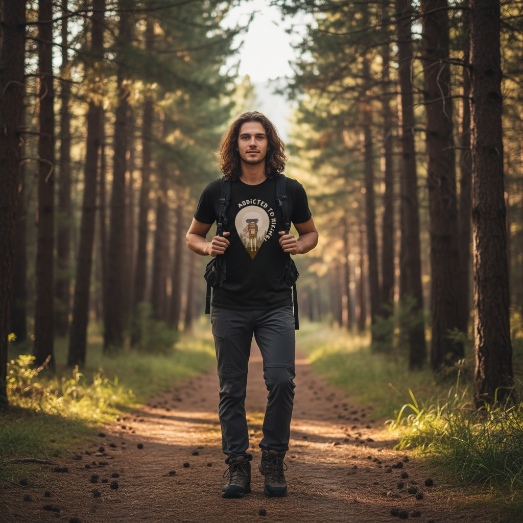 Unisex Hiking Graphic Tee With Backpack Hiker Illustration Inside Forest Pin Emblem