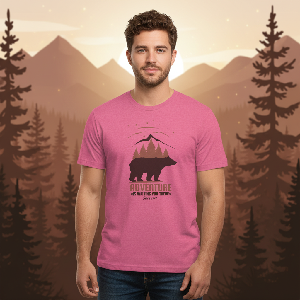 Unisex Outdoor Adventure Bear Graphic Tee With Mountain Forest Scene And Rustic Typography
