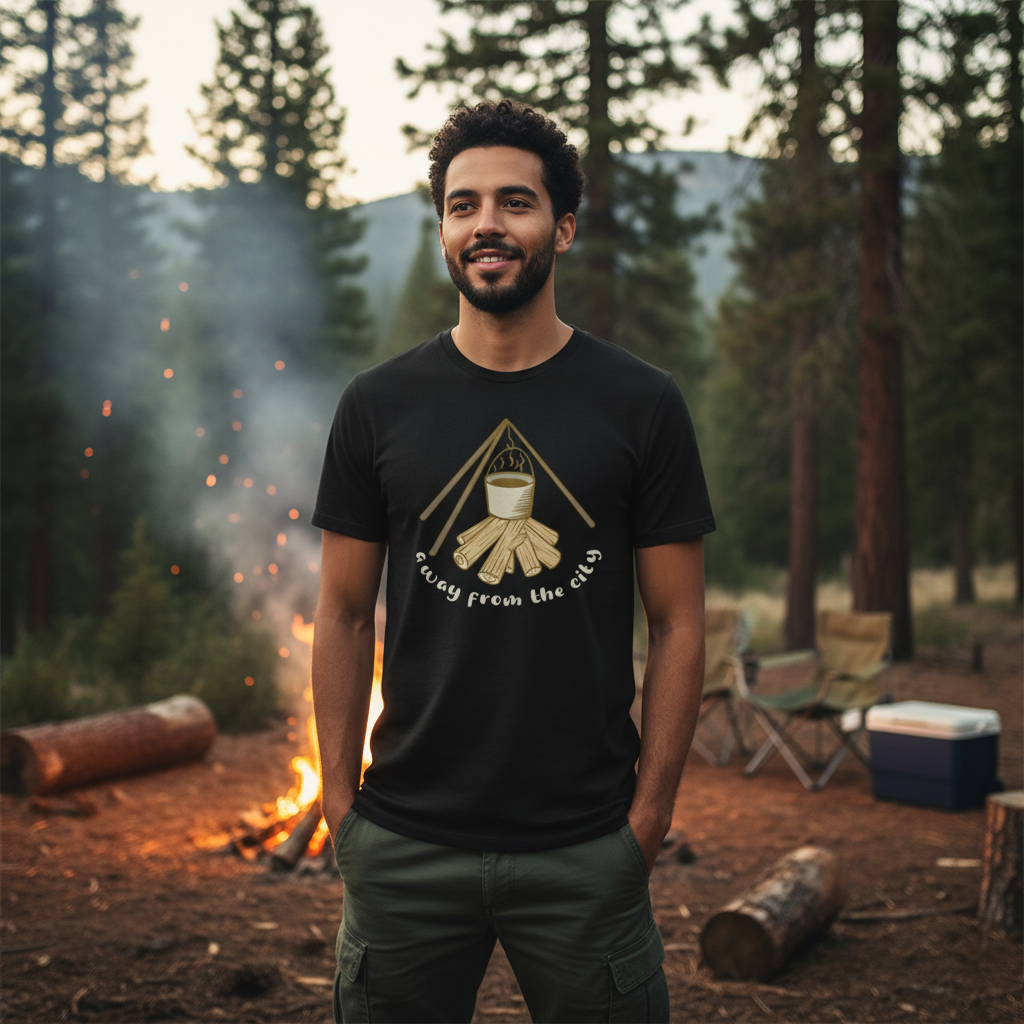 Unisex Campfire Scene Graphic Tee With Hanging Pot And Log Woodpile For Outdoor Enthusiasts
